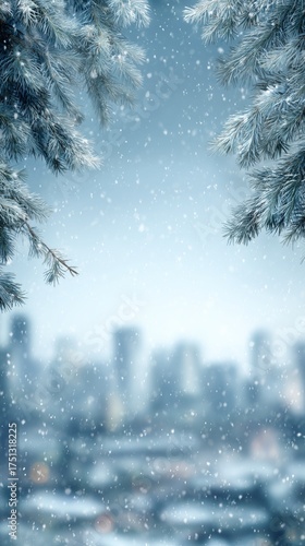 Snowy Cityscape View Framed by Snowy Pine Branches on a Winter Day