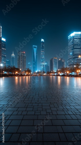 Night View of Skyline With Modern Buildings and Clear Skies Near Busy Urban S...