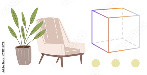 Armchair beside potted plant, gradient color cube, and abstract circles. Ideal for interior design, minimalism, creativity, balance, workspace decor, home styling simple flat metaphor