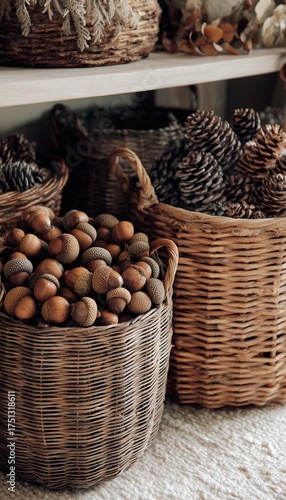 Baskets Filled With Acorns and Pinecones Displayed in a Cozy Indoor Setting D...