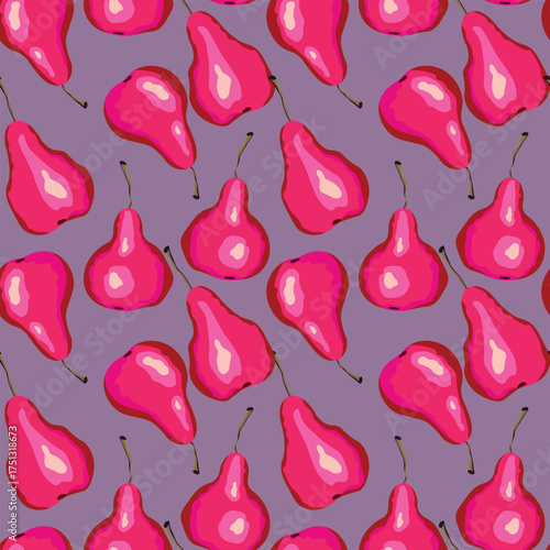 Seamless pattern with pear on color background. Natural delicious fresh ripe tasty fruit. Sweet pears with leaves. Food concept. Vector illustration for print, fabric, textile.