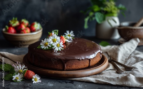 Chocolate Cake Decorated With Fresh Flowers and Strawberries in a Cozy Kitche...