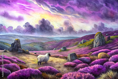 moorland landscape, foggy heath, purple heather, stone circles, grazing sheep, dramatic sky, eerie nature, fantasy illustration, mystical art