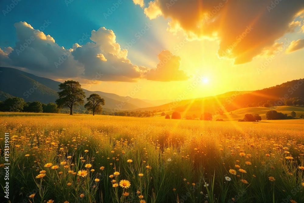 Fototapeta premium Golden Sunlight Bathes Vibrant Summer Landscape Perfect for Travel and Vacation Themes