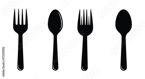 A simple black and white arrangement of forks and spoons displayed neatly