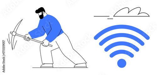Man wielding pickaxe toward wireless signal symbol, representing data mining. Ideal for technology, connection, innovation, data analysis, internet, digital transformation, simple flat metaphor