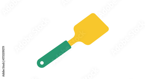 A simple illustration of a yellow and green kitchen spatula