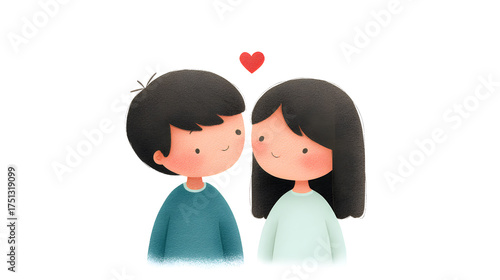 Cute boy and girl with red heart above their heads. Sweet illustration of happy kid couple in love. Concept for Valentine's Day greeting card.