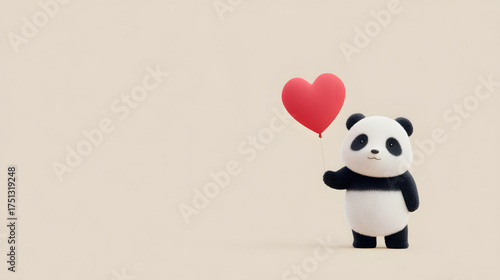 Cute panda bear cartoon character holding a red heart balloon with copy space. Love and Valentine's Day greeting, celebration, or romantic concept.