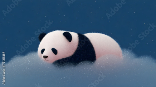 Cute fluffy panda bear lying on a cloud at night. Dreamy and peaceful animal illustration for children book or nursery decoration.
