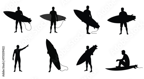 Silhouettes of surfers with boards in various poses and actions