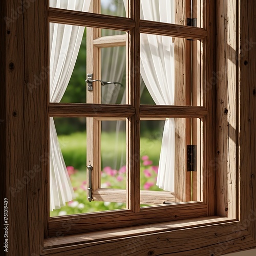 Rustic Window View - Serene Garden Escape Through Open Frame.