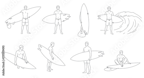 Black and white sketches depicting surfers and surfboards in various poses