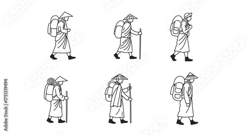 Sketch of three travelers with backpacks and conical asian hats walking