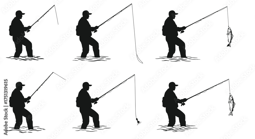 Obraz premium Silhouette series of a fisherman casting and reeling in a fish