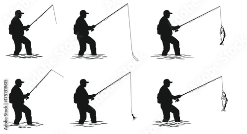 Silhouette series of a fisherman casting and reeling in a fish