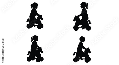 Silhouettes of children happily riding rocking horses in a playful scene