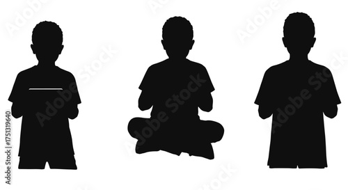 Three silhouetted children engrossed with their mobile phones in a row