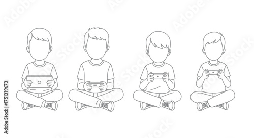 Four boys seated cross legged engrossed in handheld gaming devices