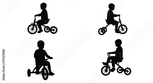 Silhouettes of children riding bicycles and a tricycle in a set