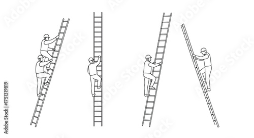 People climbing various ladders in a minimalist black and white illustration