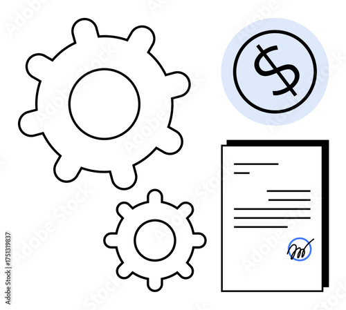 Two cogwheels, paper document with signature, and circled money symbol evoke ideas of teamwork, financial planning, and process optimization. Ideal for business strategy, productivity, financial