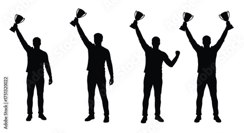 Silhouettes of celebrating people raising golden trophies with arms up