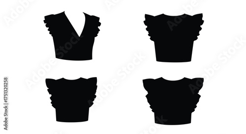 Four abstract black silhouettes of ornate uniquely shaped vessels displayed