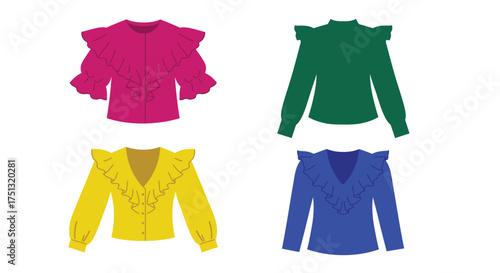 Four fashionable blouses in vibrant colors displayed on a white background