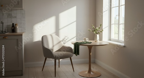 Minimalist Kitchen Nook: Cozy Dining Corner Bathed in Morning Sunlight and Long Shadows
