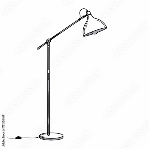 Modern adjustable floor lamp with a classic design, casting light in a simple illustration.