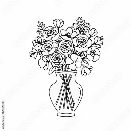 Elegant line art bouquet of blooming flowers in a simple glass vase