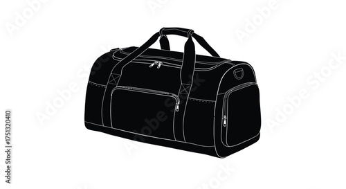 Black duffel bag illustration with side pockets and carrying handles shown