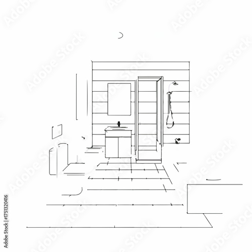 Minimalist bathroom design sketch with vanity and shower area