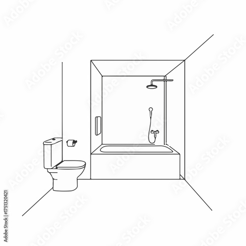 Clean, minimalist line art illustration of a modern bathroom with a bathtub and toilet.