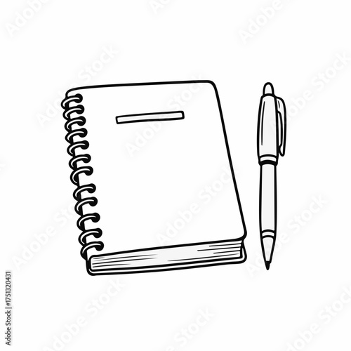 Simple line drawing of a spiral notebook and a pen, ready for ideas.