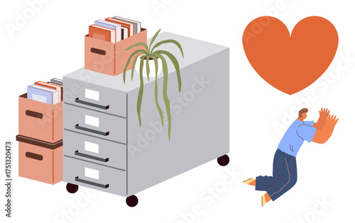 Man pushing a file cabinet while surrounded by organized file boxes and a plant, paired with a large heart. Ideal for office management, love for work, dedication, organization, teamwork
