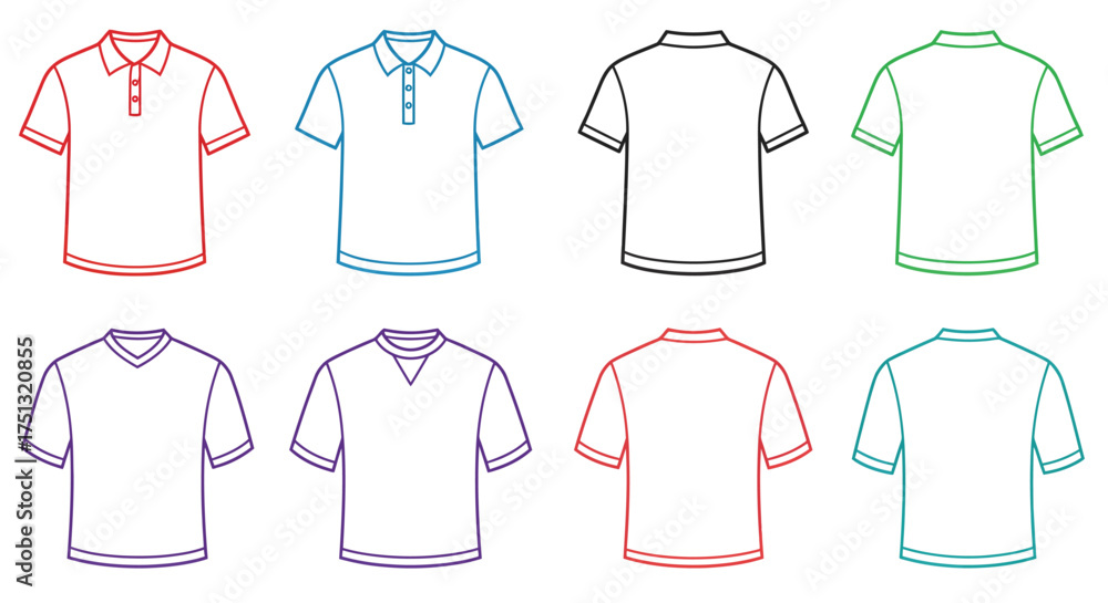 Naklejka premium Illustrations of colorful t shirts and polo shirts in outline style