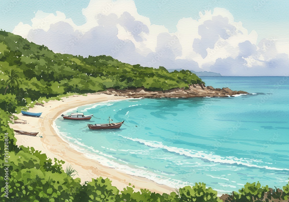 Obraz premium Tropical Paradise Bay Watercolor Painting with Turquoise Water and Traditional Boats