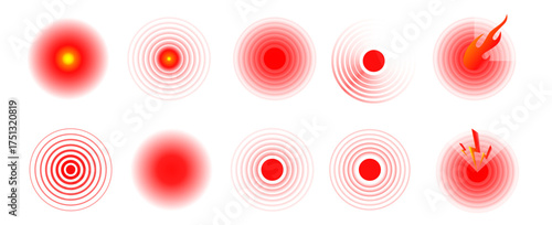 Set of vector Pain icons. Pain red circles isolated. Ache localization icons