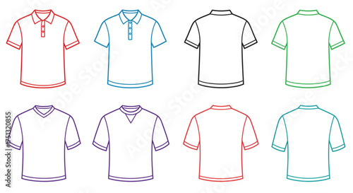 Illustrations of colorful t shirts and polo shirts in outline style