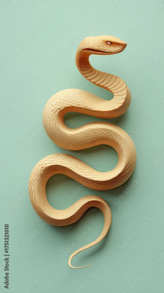Fototapeta premium Wooden Snake Sculpture on a Light Blue Background.