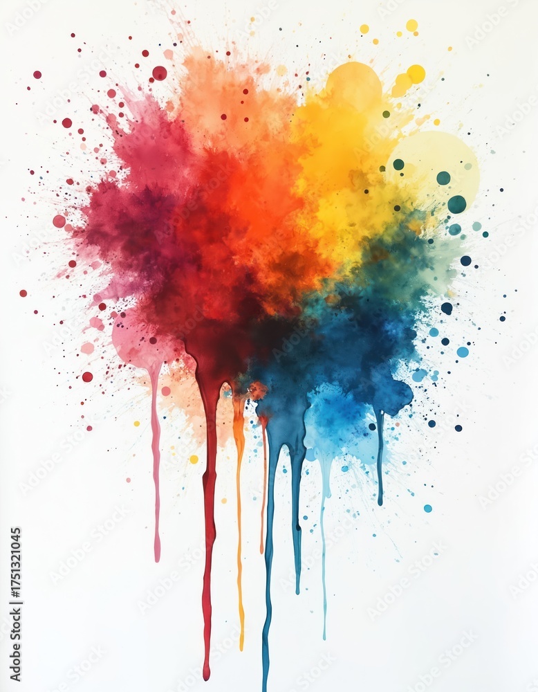 Fototapeta premium Abstract watercolor painting with colorful drips and splatters. Vibrant hues blend together in a dynamic artistic expression. Rainbow colors flow down on a white background.