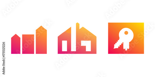 Real estate icons buildings, house, and key representing property, investment, and homeownership in vibrant colors