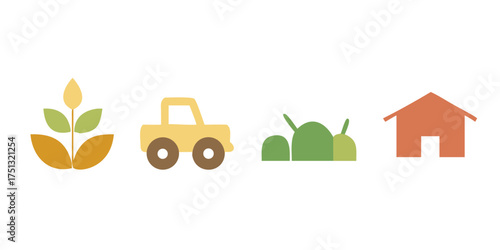 Agriculture and farming icons plant, tractor, field, and house, representing rural life, harvest, and sustainable living