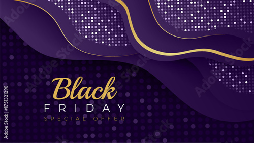 Black Friday Special Offer Banner with Elegant Purple and Gold Abstract Layered Waves, Shiny Dotted Background, Luxury Modern Promotional Design for Sales, Marketing, and Advertising