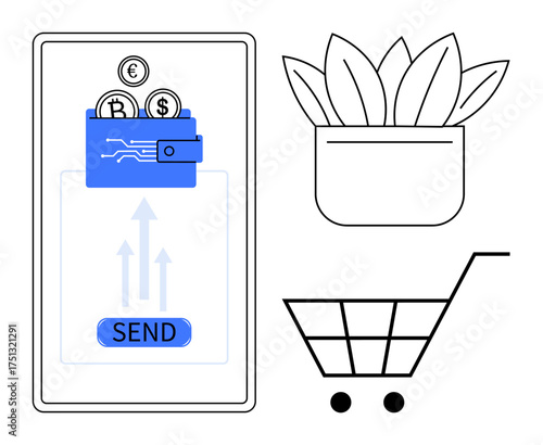 Mobile device displays digital wallet transferring coins with send button, next to a plant pot and shopping cart. Ideal for e-commerce, finance, transactions, sustainability, fintech, online retail