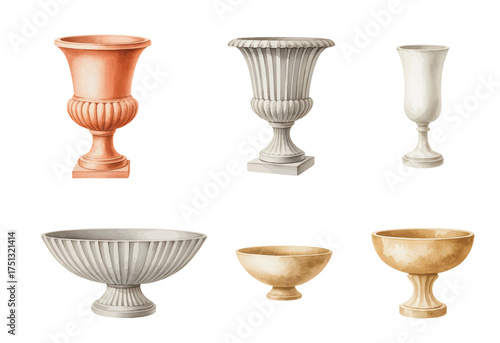 Hand painted terracotta in watercolor style. Antique pottery collection of amphora and urn shapes in watercolor.