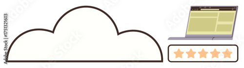 Simple cloud outline next to a laptop displaying a webpage. Below, five stars represent user ratings. Ideal for cloud storage, online services, feedback, computing, customer rating, technology IT