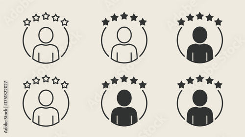 Collection of six circular badges featuring stylized human figures and star ratings in a distinctive silhouette style
